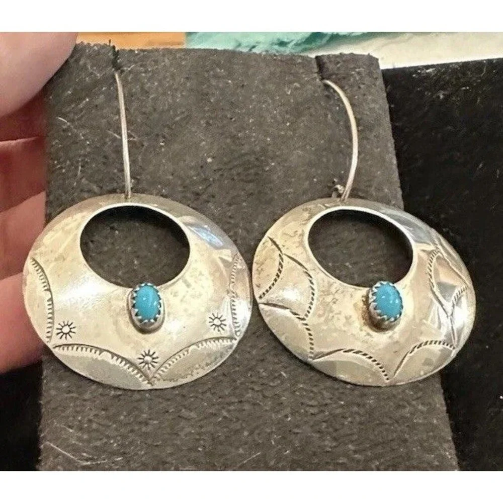 Vintage Southwest Hand Stamped Sterling Silver Concho Turquoise Earrings